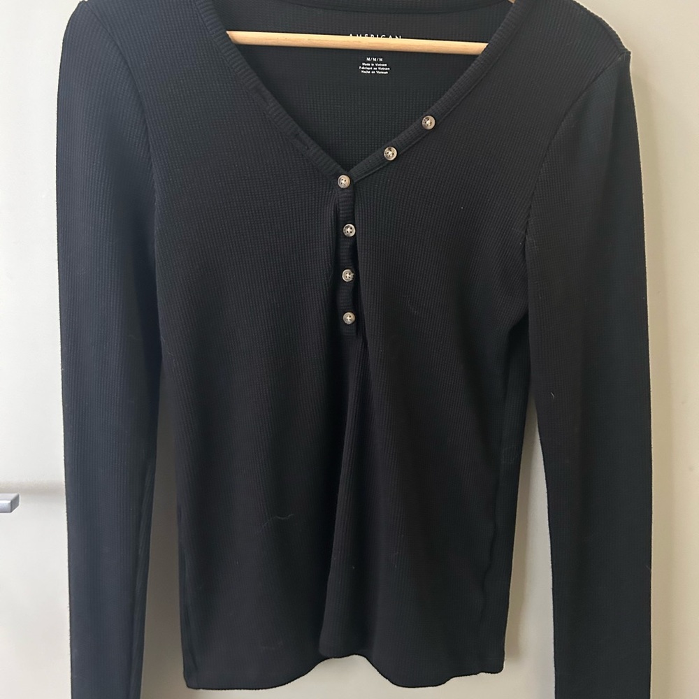 Black V-Neck Buttoned Women's Top